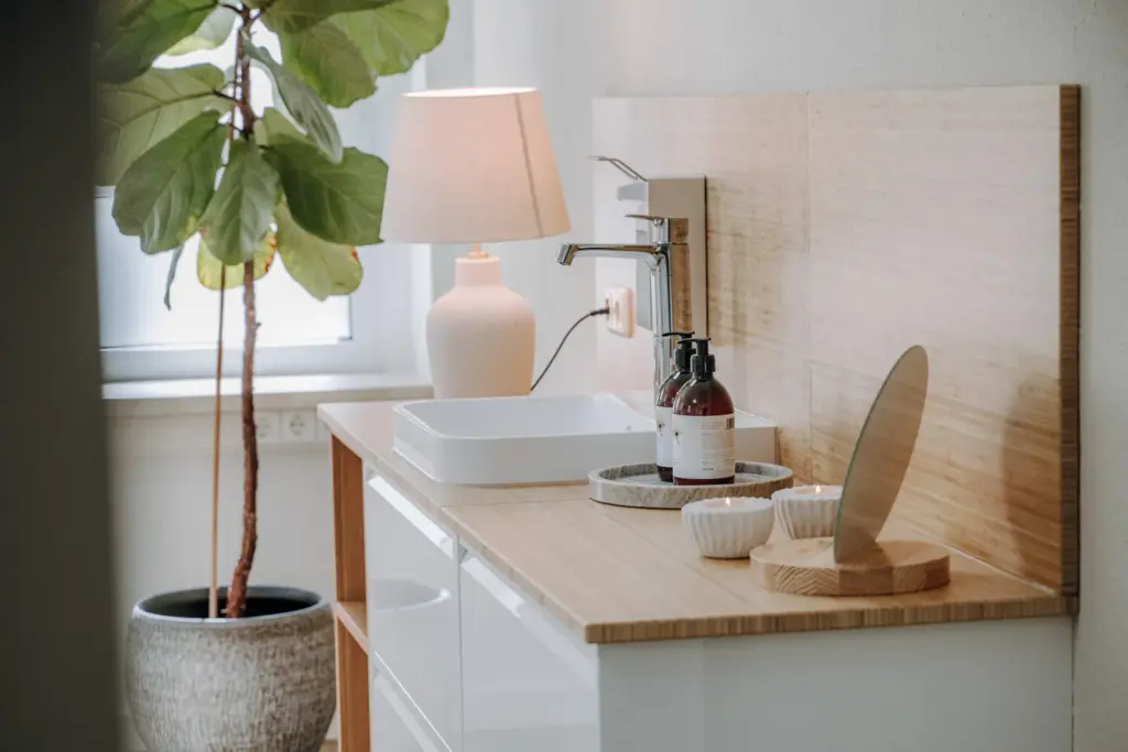 Waschbereich mit Spiegel, Pflegeprodukten und Pflanze im Skincare Studio Alexandra Linsner